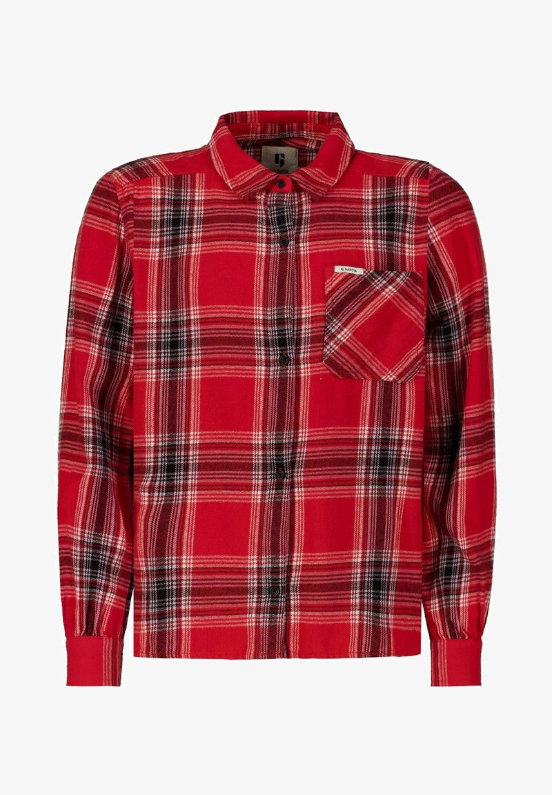 Czerwona koszula flanelowa w kratę z długimi rękawami, zapinana na guziki, z czarno-białym wzorem w kratę, z jedną kieszonką na piersi i miękką teksturą.