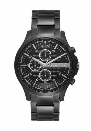 Czarny męski zegarek na rękę Armani Exchange z metalową bransoletą, trzema subtarczami, srebrnymi znacznikami i funkcjami chronografu na teksturowanej czarnej tarczy.