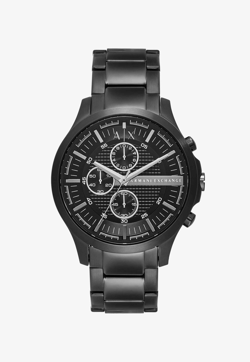 Svart Armani Exchange herrearmbåndsur med lenkearmbånd i metall, tre delskiver, sølvmarkører og kronograf-funksjoner på teksturert svart urskive.