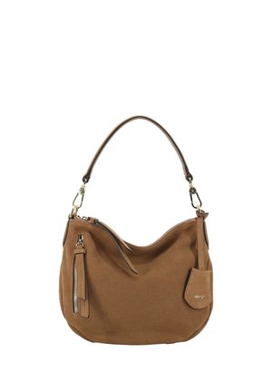 Braune Wildleder-Handtasche mit einem Schulterriemen, Reißverschlusstasche an der Seite und dekorativem Etikett mit Markennamen "abro" auf der Vorderseite.