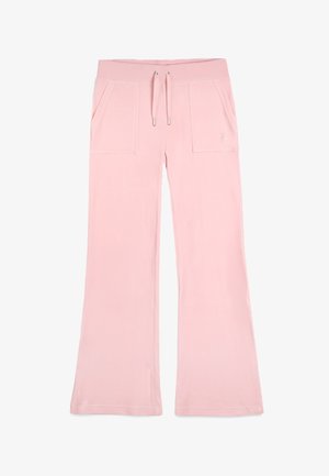 Pantalons de détente rose évasés fabriqués en tissu doux ; dotés de deux poches avant et d'une taille avec cordon de serrage pour un ajustement ajustable.
