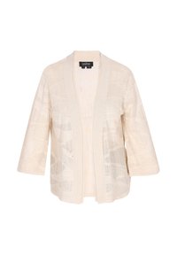 Cremfarbener, gestrickter Cardigan mit lockerer Passform, der ein strukturiertes Muster, weite Ärmel und ein offenes Vorderdesign aufweist.
