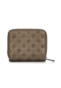 Bronzen leren ritsportemonnee met uitgebreide patronen, gestructureerd design en een getextureerd oppervlak. De afmetingen zijn compact voor eenvoudig meenemen.