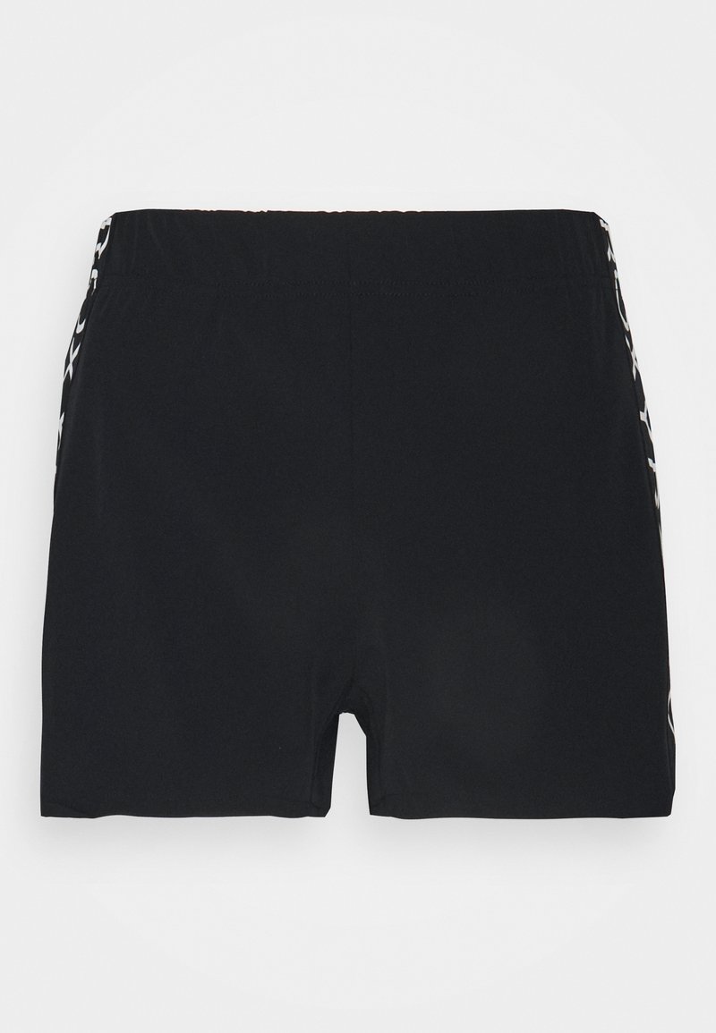Black swim shorts with an elastic waistband and side panels featuring a white abstract pattern. Material appears smooth and lightweight.