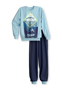 Lichtblauwe sweatshirt met grafisch ontwerp en de tekst "PARKOUR CHIMP", gecombineerd met marineblauwe joggingbroek met elastische boorden.