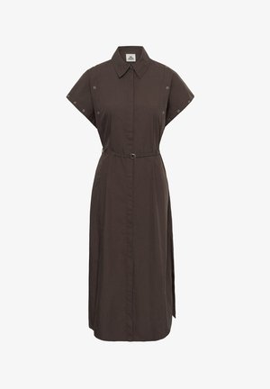 Abito camicia midi marrone scuro con maniche corte, chiusura frontale con bottoni, colletto, dettagli traforati sulle maniche e cintura sottile in vita.