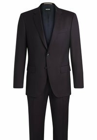 Donker marineblauw pak met een enkel-knopen jasje met geknipte revers, een slim fit en twee voorzakken; bijpassende broeken inbegrepen.
