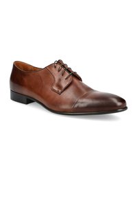 Brązowe skórzane buty eleganckie z okrągłym noskiem, gładką fakturą, wiązanym designem oraz kontrastowym ciemnym noskiem. Płaska podeszwa dla większej stabilności.