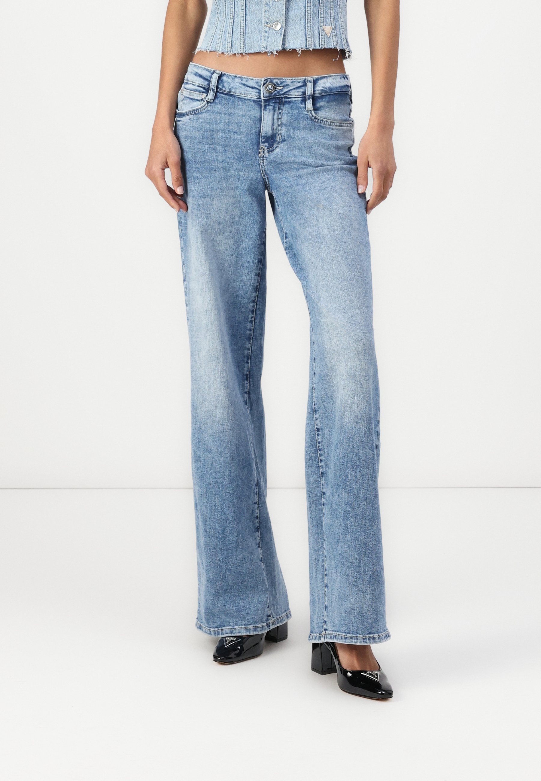 GUESS Women's High Rise Palazzo Jeans - Wide Leg, Sailor Buttons, Stretch Indigo Denim