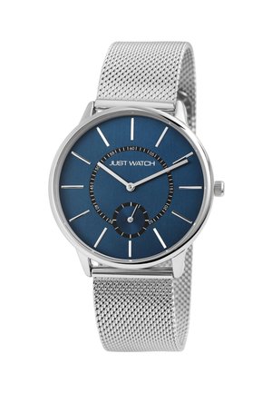 Round watch with a blue dial, silver hour markers, and a secondary black sub-dial. Features a silver mesh strap for texture.