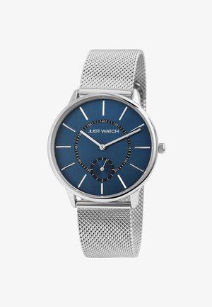 Round watch with a blue dial, silver hour markers, and a secondary black sub-dial. Features a silver mesh strap for texture.