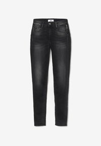 Jeans skinny de mezclilla negra con cintura baja, que cuentan con bolsillos frontales, un ligero desgaste y detalle del logotipo en la cinturilla.