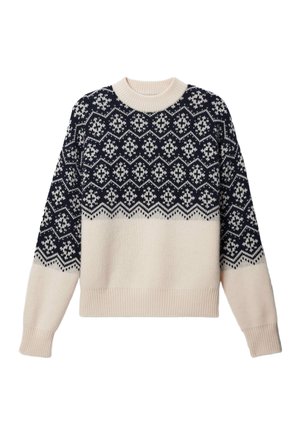 Pull en maille bleu marine et crème avec des motifs géométriques, un col rond et des poignets côtelés. Texture douce avec une coupe décontractée.