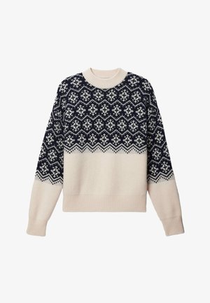 Pull en maille bleu marine et crème avec des motifs géométriques, un col rond et des poignets côtelés. Texture douce avec une coupe décontractée.