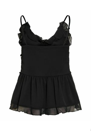 Robe noire sans manches avec fines bretelles, encolure à volants, taille cintrée et jupe fluide à couches superposées.