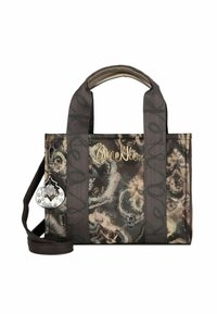 Sac à main marron et multicolore à motif, fabriqué en tissu durable, doté de doubles poignées, d'une bandoulière amovible et de charms décoratifs.