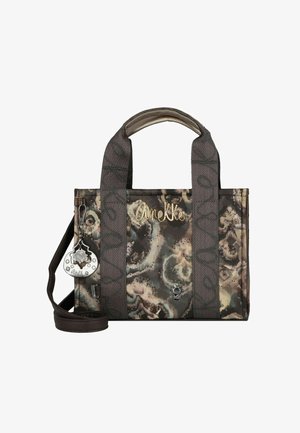 Braune und mehrfarbig gemusterte Handtasche aus strapazierfähigem Material, mit doppelten Griffen, einem abnehmbaren Schultergurt und dekorativen Anhängern.