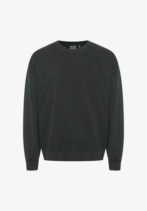 Tmavo sivá mikina s okrúhlym výstrihom, rebrovanými manžetami a lemom. Na hrudi má malé hnedé logo. Vyrobená z mäkkej tkaniny.