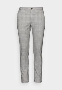 Šedé slim-fit kalhoty s černobílým kostkovaným vzorem, s knoflíkovým a zipovým zapínáním, předními kapsami a zúženými nohavicemi.