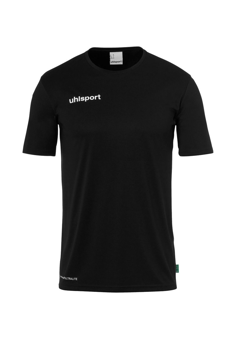 Zwarte korte mouwen t-shirt gemaakt van lichtgewicht stof. Kenmerkt een ronde hals, het "uhlsport" logo in het wit en een "ULTRALITE" label aan de zoom.