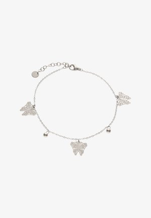 Ezüst lánc karkötő három pillangó alakú medállal és két kis gömb alakú gyönggyel, rákos kapoccsal és állítható láncszemekkel.