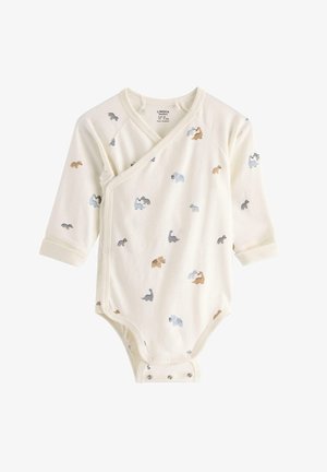 Crème-kleurige longsleeve rompert met een wikkeldesign, voorzien van kleine dinosaurussen patronen in tinten blauw, grijs en bruin; drukknoopsluiting aan de onderkant.