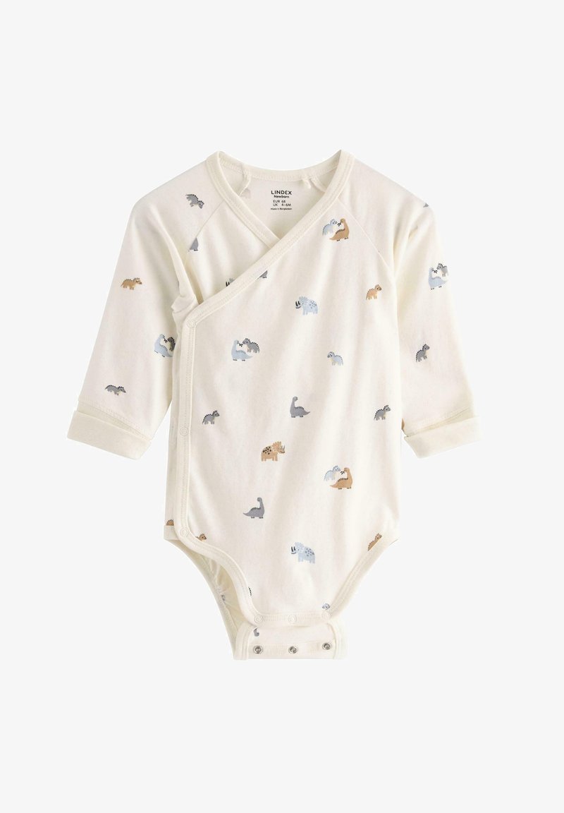 Eiscremefarbener Langarm-Body mit Wickeldesign, der kleine Dinosaurier-Muster in Blau-, Grau- und Brauntönen zeigt; Druckknopfverschluss am Boden.