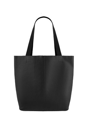 Czarna torba typu tote wykonana z teksturowanej skóry, z dwoma długimi, materiałowymi paskami na ramię, o prostokątnym kształcie, bez widocznych logo czy ozdób.