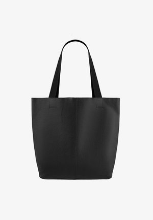 Fekete, texturált bőrből készült tote táska két hosszú, szövetből készült vállpánttal, téglalap alakú, látható logók vagy díszítések nélkül.