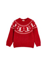 Maglione rosso lavorato a maglia con motivo a trecce, con un motivo di fiocco di neve bianco e sci lungo la spalla. Collo rotondo classico e polsini a costine.