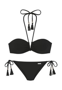 Mustat ribbimäiset bikinit, jotka sisältävät bandeau-tyylisen yläosan, jossa on solmukiinnitys ja tupsukoristeet, sekä sivusolmittavat alaosat, joissa on tupsut.
