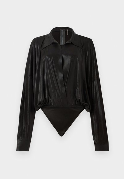 Black bodysuit with long sleeves, V-neck, and a fitted silhouette. Made of shiny, smooth fabric with a structured collar and cuffs.