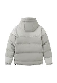 Vaaleanharmaa toppatakki hupulla, jossa vaakasuora tikattu kuvio, joustavat hihansuut ja sileä pinta.