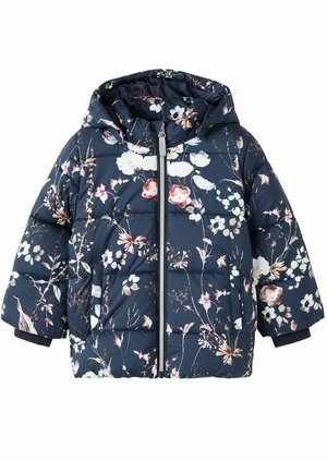 Veste matelassée pour enfants bleu marine avec capuche, imprimé floral en blanc, rose et beige, fermeture éclair frontale et poches latérales.