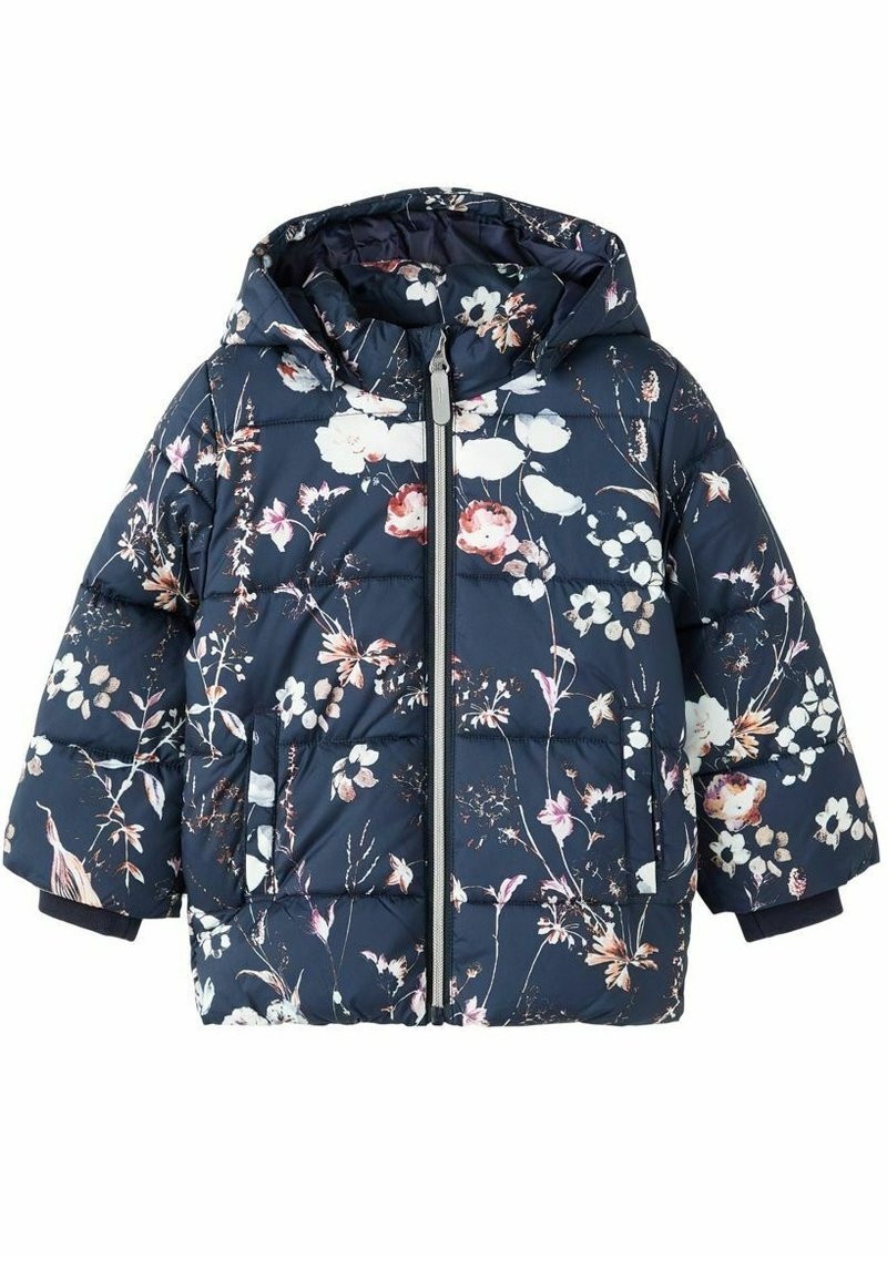 Veste matelassée pour enfants bleu marine avec capuche, imprimé floral en blanc, rose et beige, fermeture éclair frontale et poches latérales.