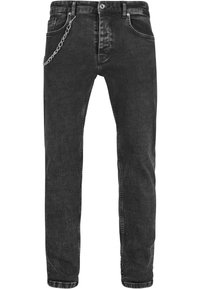 Pantalones vaqueros de denim negro con un ajuste slim, que presentan un acento de cadena en el bolsillo frontal, costuras en contraste y un diseño clásico de cinco bolsillos.