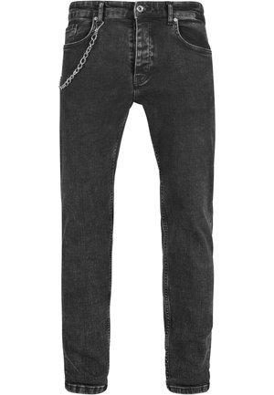 Černé džíny s úzkým střihem, zdobené řetízkem na přední kapse, kontrastním šitím a klasickým pětipocket designem.