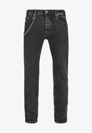 Zwarte denim jeans met een slim fit, voorzien van een kettingaccent op de voorktas, contrasterende stiksels en een klassiek vijf-pocket ontwerp.