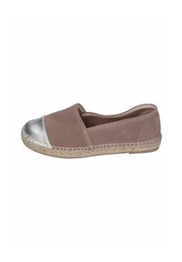 Brown suede slip-on shoes with a metallic silver toe cap, jute sole, and contrasting stitching detail around the upper.