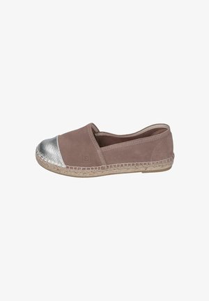Brown suede slip-on shoes with a metallic silver toe cap, jute sole, and contrasting stitching detail around the upper.