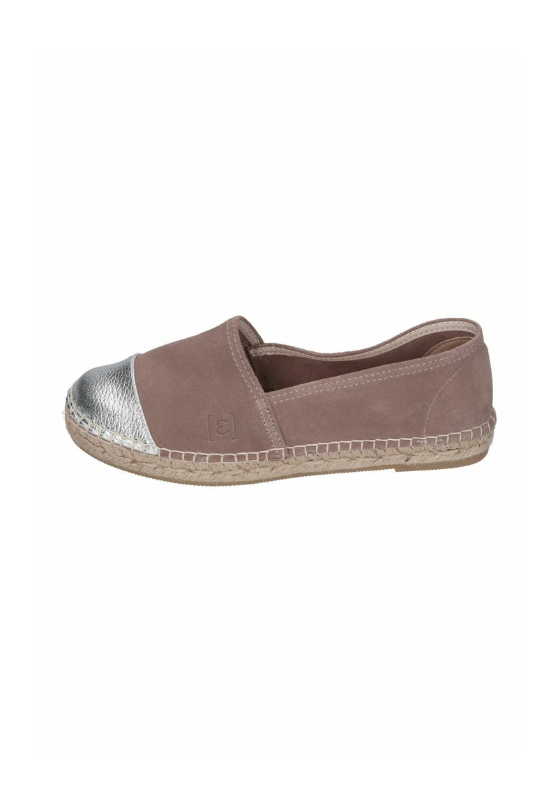 Brown suede slip-on shoes with a metallic silver toe cap, jute sole, and contrasting stitching detail around the upper.