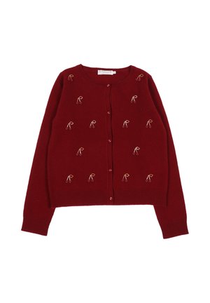 Gilet en tricot rouge avec broderie de petites cerises, fermeture à boutons sur le devant, manches longues et bords côtes aux poignets et à l'ourlet.