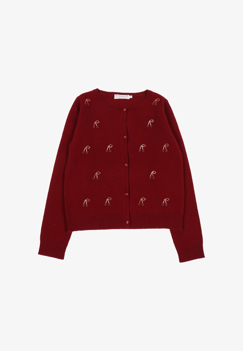 Czerwona, dziana kardigan z drobnym haftem wiśni, zapięcie na guziki z przodu, długie rękawy oraz prążkowane mankiety i dół.