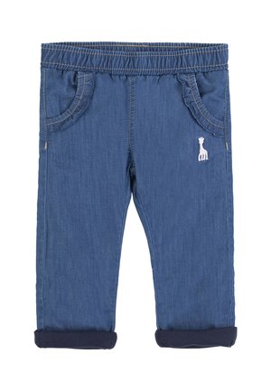 Blue toddler pants with elastic waist, front pockets with ruffle trim, rolled cuffs, and a small white giraffe embroidery on the right leg.