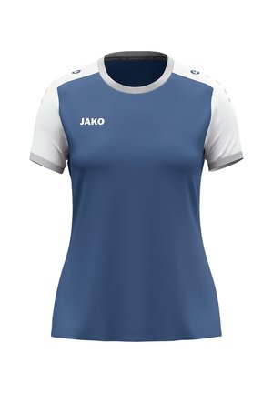 T-shirt de sport JAKO bleu avec des manches courtes blanches, un col rond, une texture lisse, et un logo sur le devant à gauche.