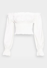 Vit off-shoulder topp med smockad byst, elastiska volangärmar och långa ärmar. Slätt tyg med en figursydd silhuett.