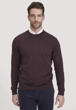 Burgunderfarbener Strickpullover mit Rundhalsausschnitt, gerippten Bündchen und Saum, getragen mit einem weißen Hemd mit Kragen darunter. Glatte Textur.