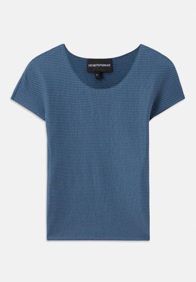 Blue textured short-sleeve top with a round neckline. Made from woven fabric, features a regular fit and tag labeled "Emporio Armani."