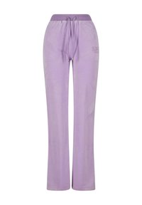 Paarse sweatpants van zacht materiaal, met een trekkoord in de taille, uitlopende pijpen en een geborduurd logo aan de voorkant.