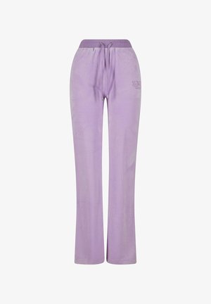 Lilla sweatpants lavet af blødt stof, med elastisk talje med snøre, klokkeformede ben og broderet logo på forsiden.